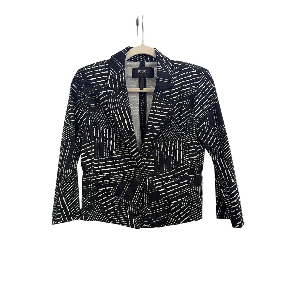 BCBG Paris Cropped Blazer Black White Abstract Print Fitted Jacket Size 4